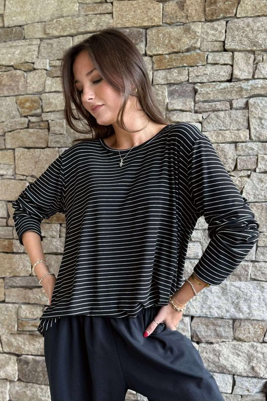 Agnes Stripe Trapeze Top Black
